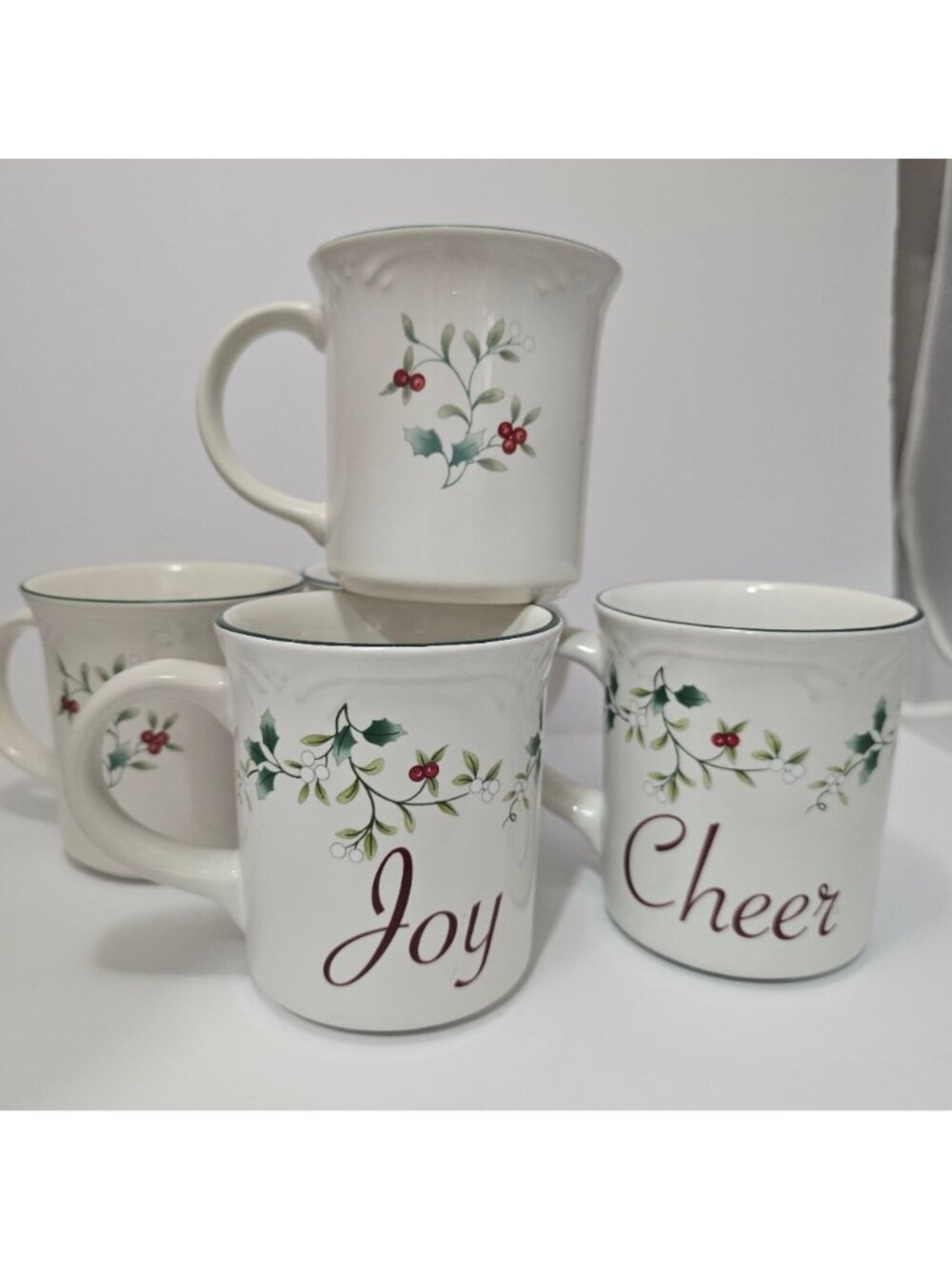 5 Pfaltzgraff Winterberry Mugs Holiday Joy Cheer Dishwasher Microwave Safe 12oz - Picture 4 of 6